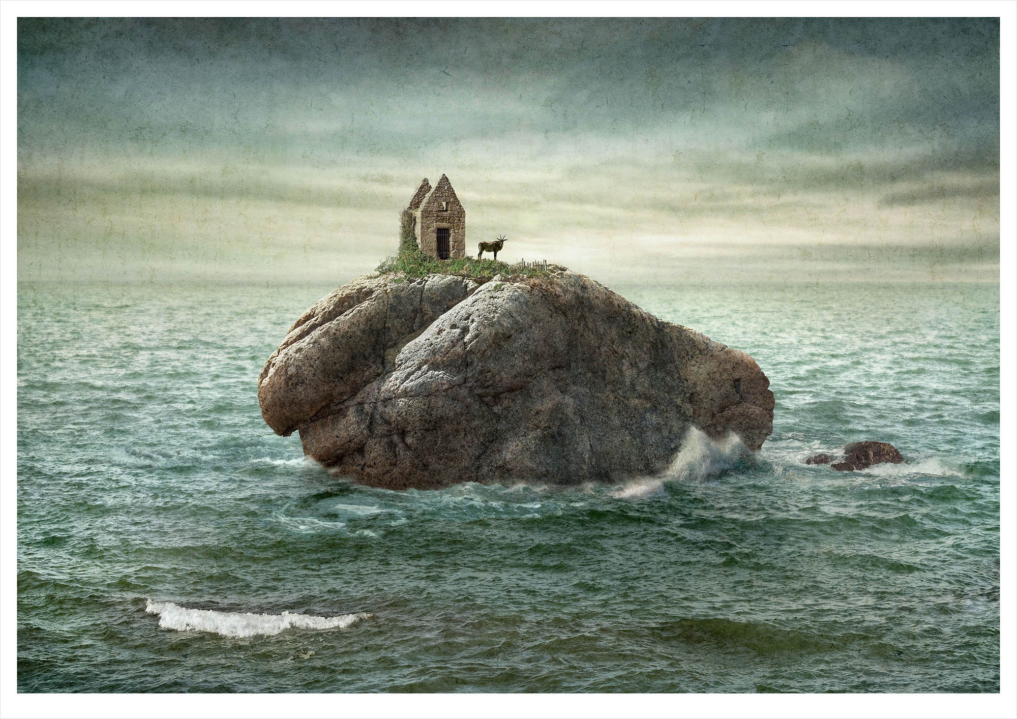 Solitary small island in ocean with ramshackle stone building and horned antelope looking to camera